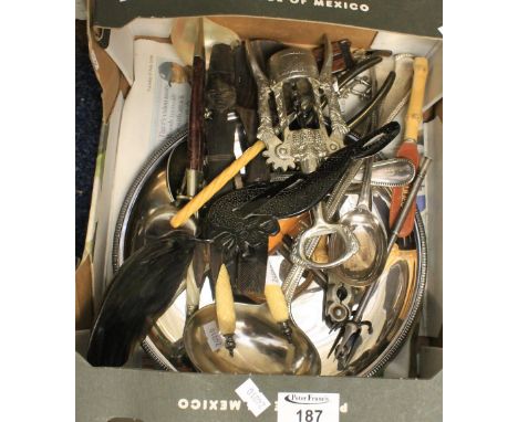 Box of assorted, plated cutlery and similar items, carved horn spoon, nut crackers, African carved wooden servers, letter ope