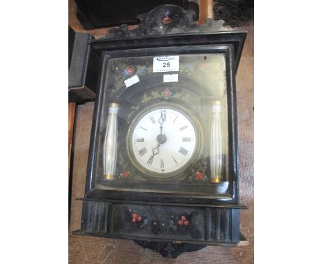 19th Century Continental ebonised wooden wall clock with enamelled Roman face and ceramic pillars, overall with painted flora