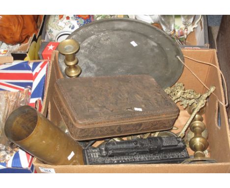 Box of assorted metalware to include: Brass shell case; pewter tankard; coal study of a locomotive; brass candlesticks; easel