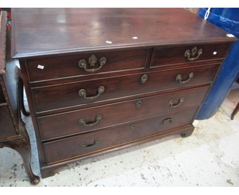 19th Century mahogany straight fronted chest of two short and three long drawers with metal loop swing handles, on bracket fe