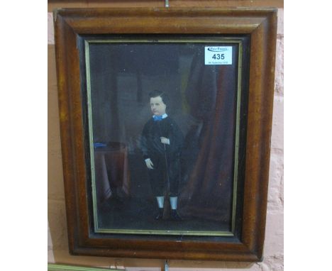 19th Century hand touched photographic portrait of a young boy with gun. 30 x 22cm approx, maple frame. (B.P. 24% incl. VAT)
