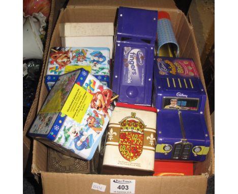 Box of mainly novelty biscuit and other tins, Post Office savings moneybox, reproduction Dinky toys 197 Morris Mini traveller