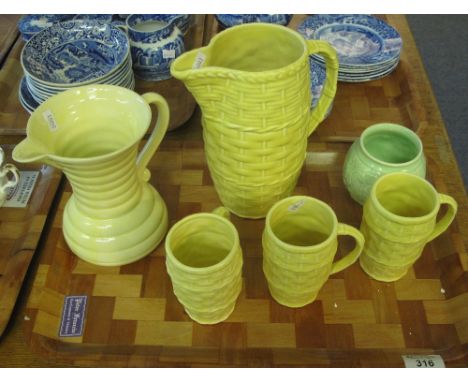 Sylvac yellow ground, single handled wicker design jug with three matching wicker, barrel shaped mugs, another Sylvac style f