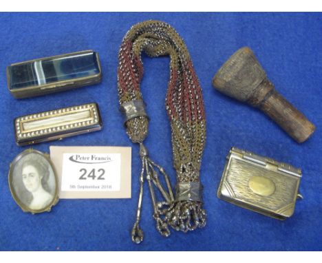 19th Century yellow metal and seed pearl mourning tooth pick box, oval portrait pendant, miser's purse, Vesta case etc.(B.P. 