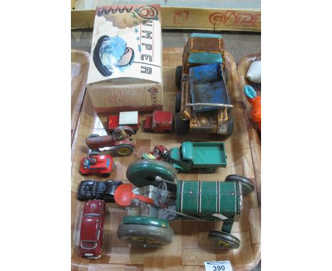 Tray of play worn diecast and tinplate vehicles to include: Dinky Bedford; Corgi Saab 96; tinplate tractor etc.(B.P. 24% incl