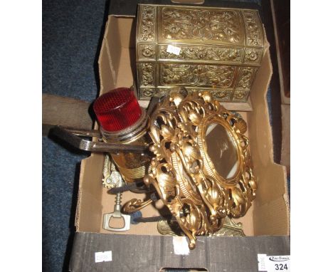 Box of assorted metalware to include: pair of pierced, Florentine style easel picture frames; brass trivets; metal corkscrew;