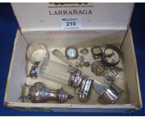 Vintage cigar box containing odd items of silver, condiments, jewellery, small silver watch, napkin rings and other non silve