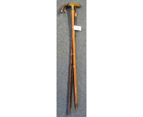 Three vintage walking sticks or canes, two with horn handles, one 9ct gold mounts and the other two with silver mounts. (3)(B