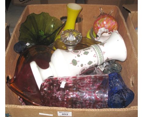 Box of assorted glassware, various, to include: Art Glass coloured vases; flash cut wine glass; decanter and stopper etc.(B.P