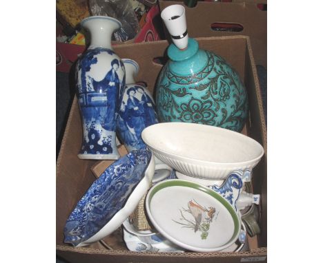 Box of assorted china to include: pair of Chinese blue and white figural baluster vases with four character marks to base; la