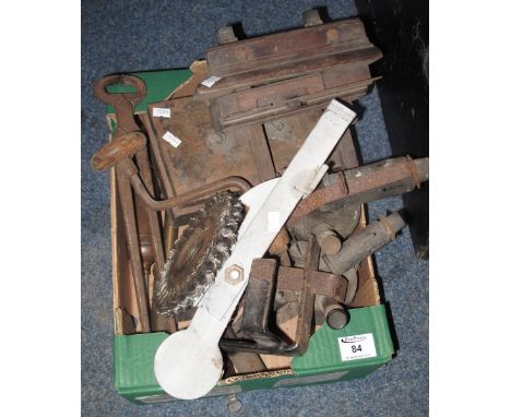 Box of assorted tools to include: plough plane; blow lamps; tongs; brace and other items.(B.P. 24% incl. VAT)