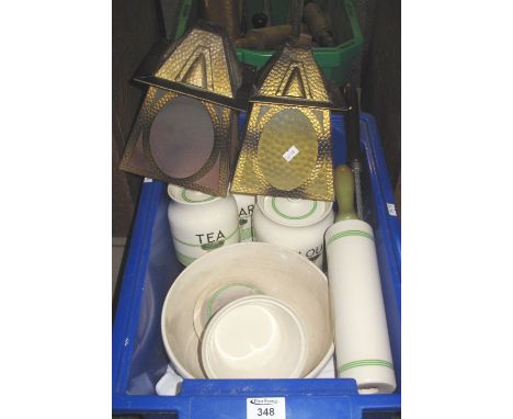 Box comprising Sadler 'Kleen Kitchen Ware' to include: tea, sugar and flour canisters, rolling pin, butter dish and cover etc