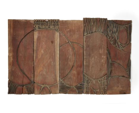 El Anatsui,&nbsp;Ghanaian b.1944 -&nbsp;Untitled, 1983;&nbsp;incised wood panels, 5, each approx. 92 x 28 cm; 92 x 147 cm (ov