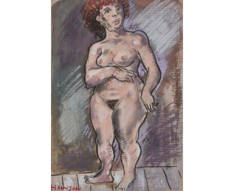 Peter Howson OBE,&nbsp;Scottish b.1958 -&nbsp;Standing female nude;&nbsp;gouache and pastel on paper, signed lower left 'Hows