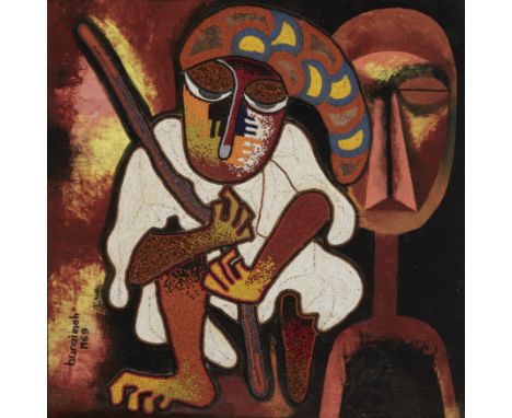 Jimoh Buraimoh,&nbsp;Nigeria b.1943 - Untitled, 1969;&nbsp;oil and beads on panel, signed and dated lower left 'Burainmoh 196