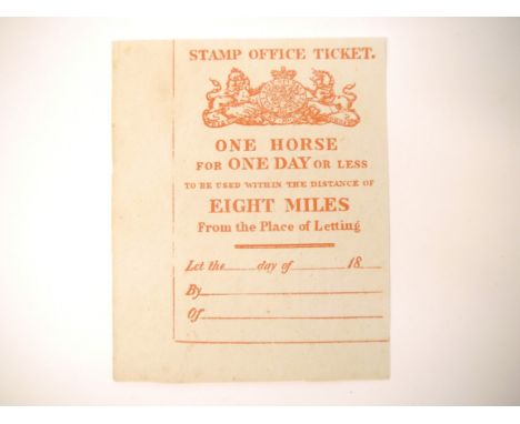 An 1827 Post Horse Duty One day within eight miles ticket (unused). A duty first imposed in 1779 on anyone travelling, by hir