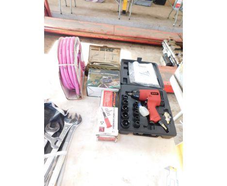 An Amtech Air Impact wrench set, compact air compressor, eight piece impact screwdriver set, panel clamp kit and high visibil