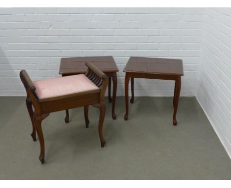 A pair of lamp / side tables with quarter veneer style tops, and a piano stool,&nbsp; 58 x 63 (3)