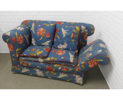 Edwardian drop arm sofa with contemporary linen upholstery with an exotic flower pattern, 147 x 86 x 47cm 