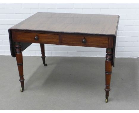 19th century mahogany and boxwood strung table, D-end drop leaf top with gadrooned edge, with two frieze drawers with bun han