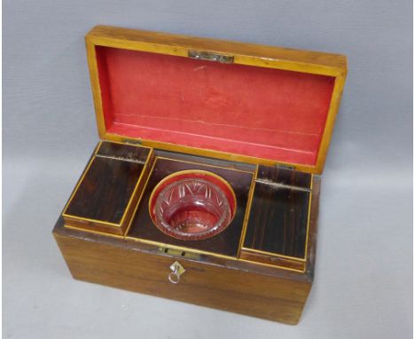 Georgian mahogany tea caddy, the rectangular hinged lid opening to reveal two lead lined compartments with a glass mixing bow