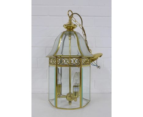 Hexagonal brass and glass panelled hall lantern light fitting, 43cm approx. 