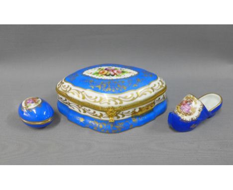 Limoges porcelain and gilt metal mounted trinket box and cover, 19cm, miniature clog and an egg, (3) 
