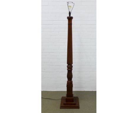 Mahogany standard lamp with fluted column and acanthus leaf carved pattern on a stepped square base, perhaps converted from a