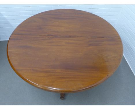 Victorian mahogany tilt top breakfast table, circular top on a facetted baluster column and tripartite base with scrolled fee