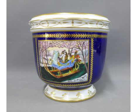Limoges planter, blue ground with a handpainted scene depicting a sleigh ride with a tiger and monkey, etc 21cm diameter 