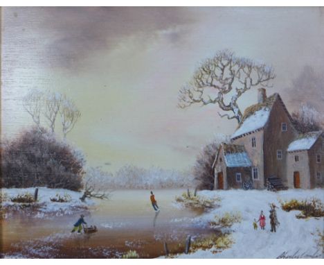 Charles Comber, 'Snowy Path' oil on board, signed, framed with a T&amp;R Annan label verso, 25 x 19cm 