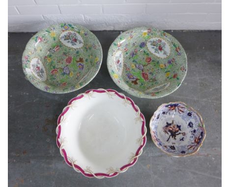 A pair of Late Copeland Spode basins, Staffordshire basin and a Masons bowl, largest 451cm diameter, (4) 