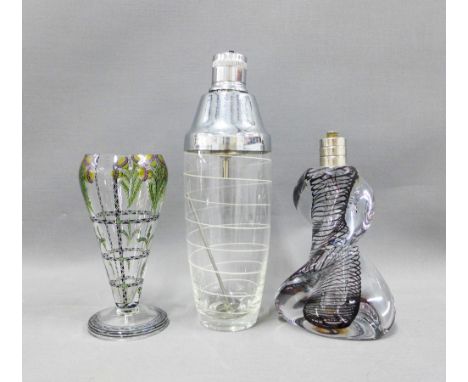 Vintage glass cocktail shaker with Pifco whisk, Austrian enamelled glass vase, and an art glass table lamp base, tallest 25cm