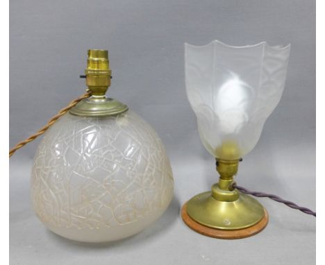 Two early 20th century moulded glass table lamps, taller 24cm (2) 