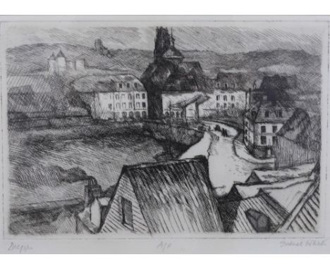 An Artist Proof etching of Dieppe, signed indistinctly, framed under glass, 30 x 20cm 