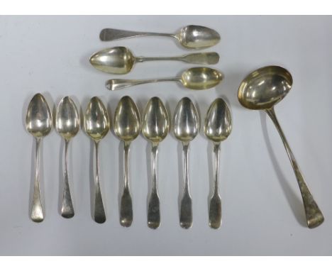 Various 19th century and later silver teaspoons and a silver sauce ladle (11) 