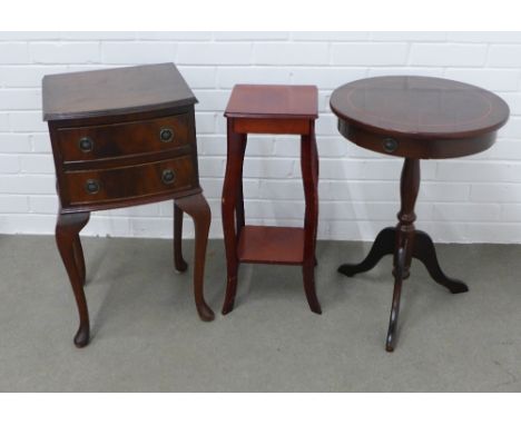 Vintage two drawer chest on cabriole legs, drum table and jardinière plant stand, (3) 