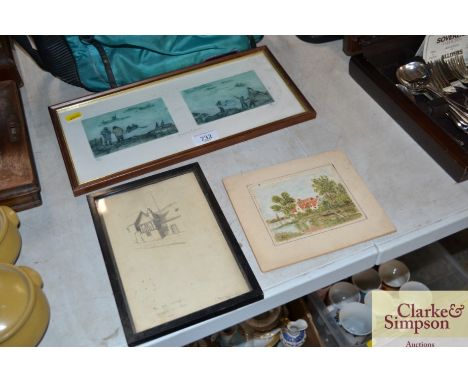 A pencil sketch "An Old Cottage, Stratford on Avon", a small watercolour study of a cottage and a pencil signed print "Two Ge