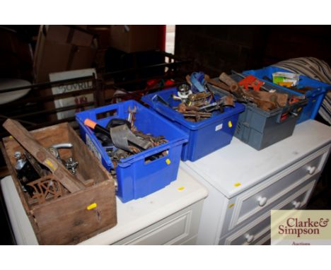 Five plastic crates of various hand tools etc