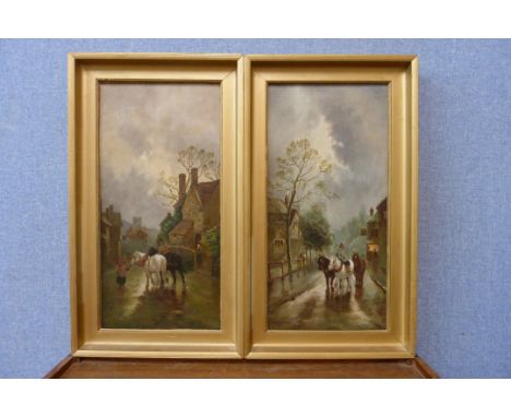 W. Ailse Brook, pair of village street scenes with figures and horses, oil on canvas, dated 1919, framed 