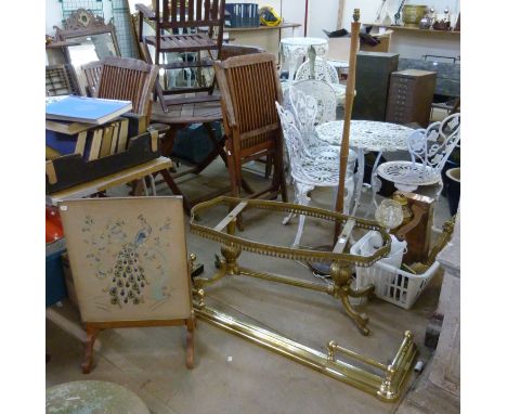 Two table lamps, oil lamp, brass table base, fender, etc. 