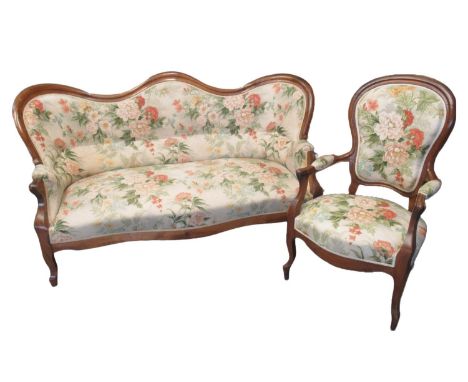 Louis Phillipe French&nbsp; walnut framed four piece salon suite, to include three open arm chairs and sofa, together with a 