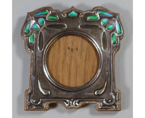 Art Nouveau Liberty Style silver and enamel picture frame with stylised foliate panels enamelled in tones of blue and green o