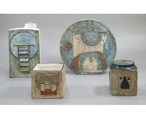 Four Troika Cornwall pottery items, to include: Troika Moon flask vase, another flask vase and two square vases, all with abs