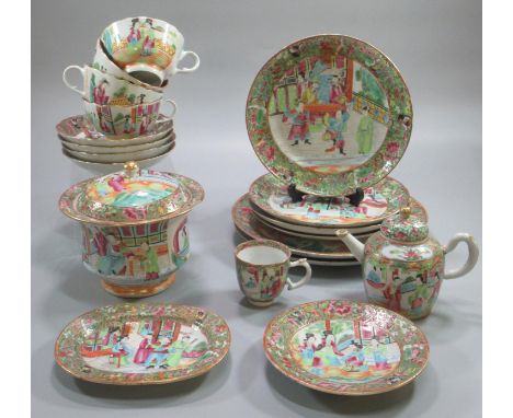 A Chinese porcelain Canton tea service overall decorated in famille rose designs with designs of figures within interiors wit