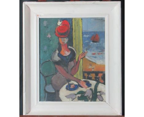 French school (mid 20th century), portrait of a young woman smoking in a window above a beach, indistinctly signed Ronad? and