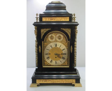 Large early 19th century ebonised bracket clock by Thomas Turner of London, the case having caddy top with Grecian figure gil