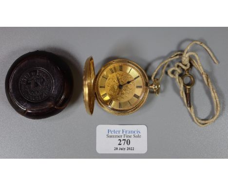 18 ct gold engraved fancy key wind full hunter pocket watch marked to the interior back plate F Dent of Queens Street London 