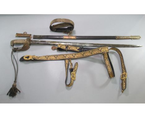 19th century naval officers dress sword with scabbard, suspension and gilt braided cross-belts. Made by E Thuckle of London. 