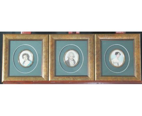 Three 18th/early 19th century portrait miniatures, probably a family group, father, mother and daughter. 8x6cm approx (3) (B.